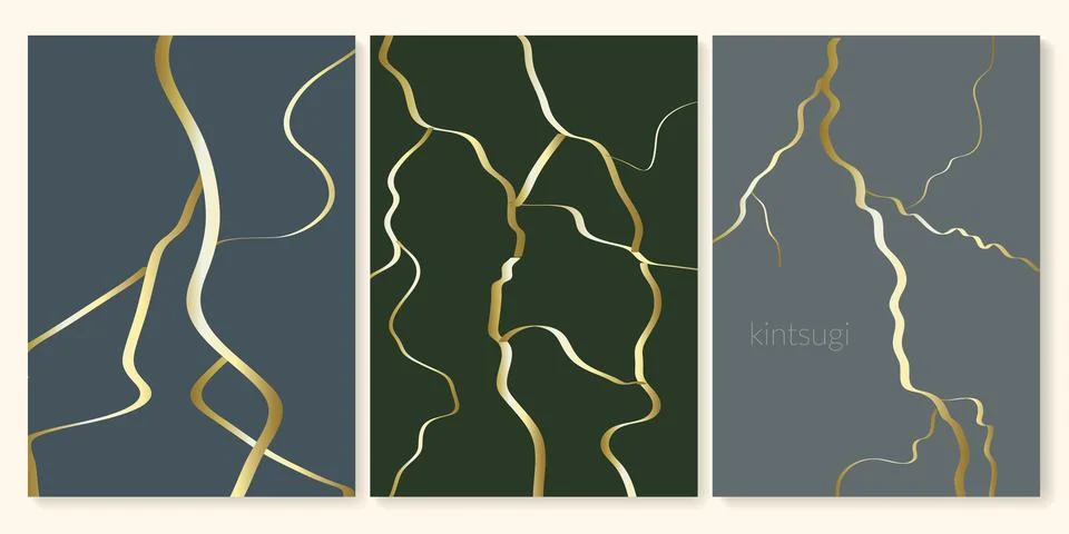 Kintsugi gold crack pattern aesthetic marble vector background. Set of Stock Illustration