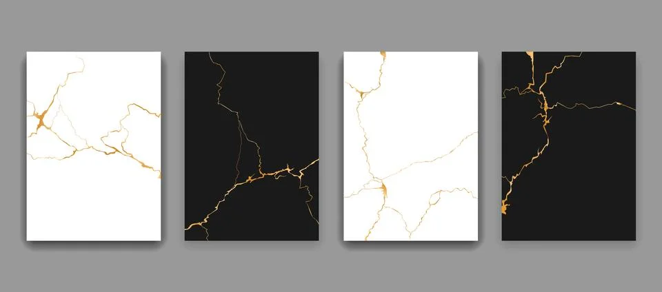 Kintsugi gold cracks marble texture patterns set Stock Illustration