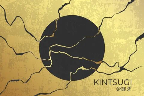 Kintsugi style golden background. Circle with golden Kintsugi cracks Stock Illustration