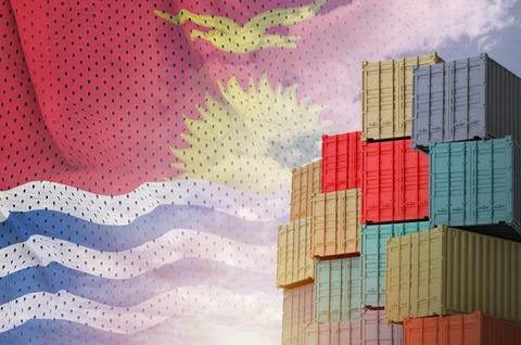 Kiribati flag and big stack of shipping cargo containers in docks with sky Stock Photos