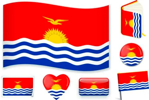 Kiribati flag wave, book, circle, pin, button, heart and sticker. Stock Illustration