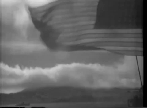 KISKA, ALASKA - 1943: Distant anchorage - Vessels sit below rolling cloud Stock Footage 343790176