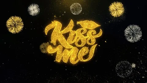 Kiss Me Lips Written Gold Particles Exploding Fireworks Display Stock Footage