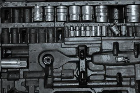 Kit box of metal work tools in auto car repair shop Stock Photos