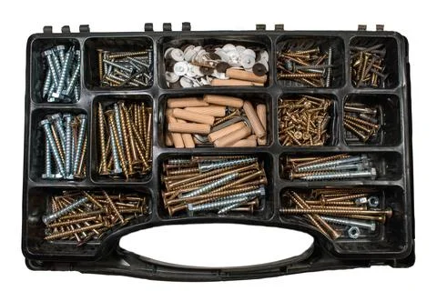 Kit with construction materials, screws, nails, dowels Stock Photos