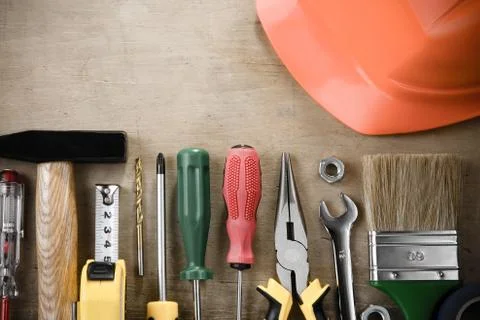 Kit of construction tools on wood Stock Photos