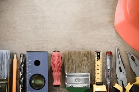Kit of construction tools on wood Stock Photos