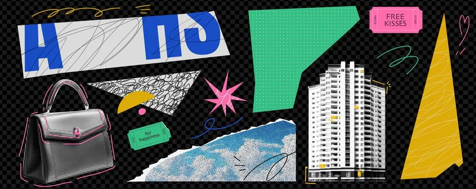 A kit with halftone style collage elements. Various shapes cut out of a magazine イラスト素材