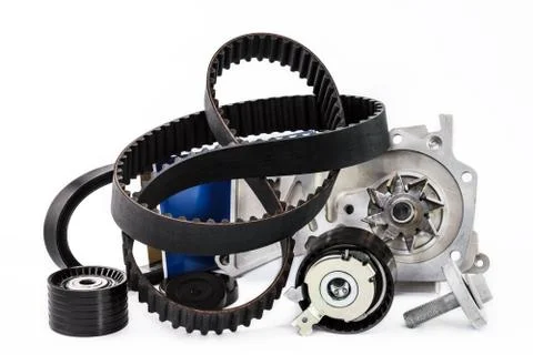 Kit of timing belt with rollers and pump on a white background Stock Photos