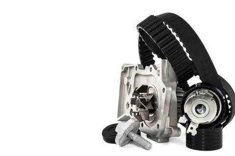 Kit of timing belt with rollers and pump on a white background Stock Photos