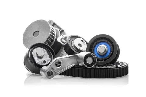 Kit of timing belt with rollers on a white background Stock Photos