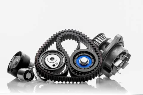 Kit of timing belt with rollers on a white background Stock-Fotos