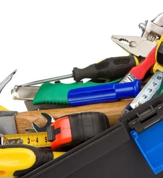 Kit of tools and instruments isolated on white Stock Photos