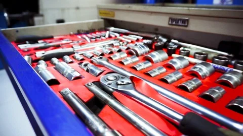 Kit of tools for repairing - screwdriver, wrenches - auto car service. Footage. Stockbeeldmateriaal 127242010