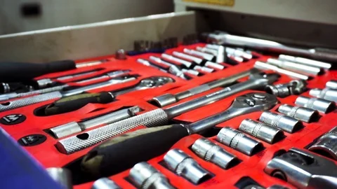 Kit of tools for repairing - screwdriver, wrenches - auto car service. Footage. Stockbeeldmateriaal 127242030
