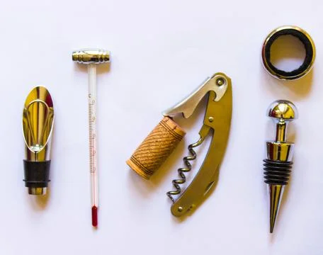 Kit of tools for winery isolated on white background. Free copy space. Concep Stock Photos