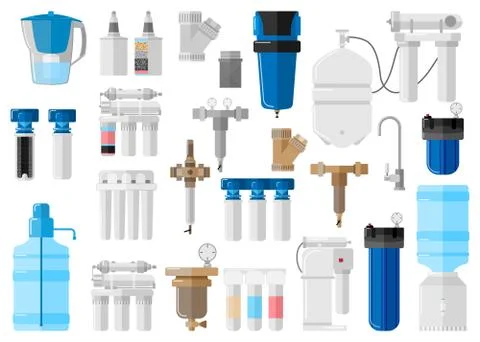 Kit water filter on white background in flat style. Set equipment for process Stock Illustration