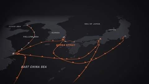 Kitakyushu to busan container trade route map seamless loop Stock Footage 345945236