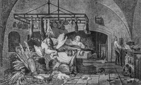 A kitchen in 1861, the quaint store by mr. edward charton 1870 Stock Illustration