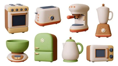 Kitchen 3d render appliances. Realistic stove, ingredients scale and Stock Illustration