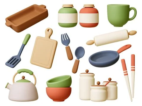 Kitchen 3d tools and crockery. Realistic render cutlery, bowls and jars. Canteen Stock Illustration