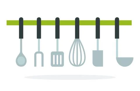 Kitchen accessories hanging on the ledge vector flat isolated Stock Illustration