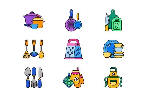 Kitchen accessories icons set linear style Illustrazione stock