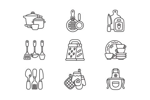 Kitchen accessories icons set linear style Stock Illustration