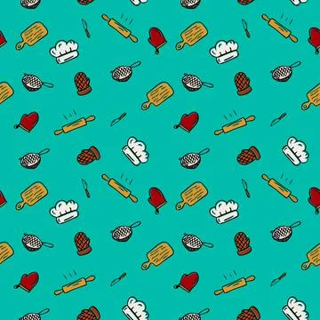 Kitchen accessories seamless pattern. Utensil, cooking background. Print for 스톡 일러스트