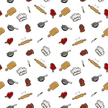Kitchen accessories seamless pattern. Utensil, cooking background. Print for Stock Illustration