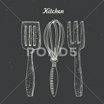 Kitchen accessories spatula, whisk and mixing spoon illustration vector Stock Illustration