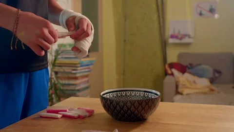 Kitchen after meal cleanup with organized countertop and warm ambiance Stock Footage 320955486