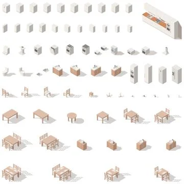 Kitchen and bathroom low poly isometric icon set Stock Illustration