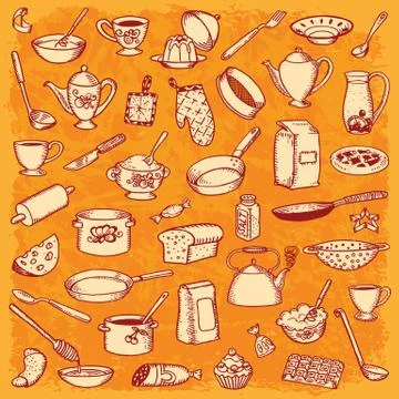 Kitchen and cooking doodle set 库存插图