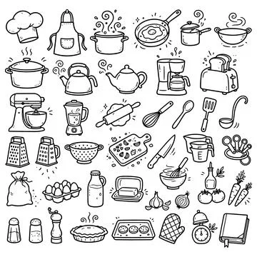 Kitchen and Cooking Doodle Set, Hand Drawn Line Art with Kitchen Utensils Иллюстрация