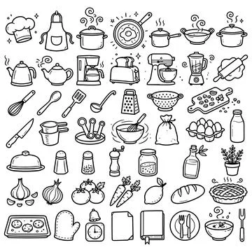 Kitchen and Cooking Doodle Set, Hand Drawn Line Art with Kitchen Utensils Stock Illustration