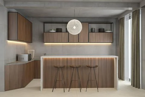 Kitchen and dinining room attached interior design with wooden furniture Stock-Illustration