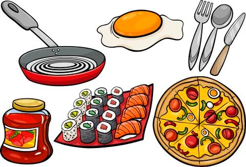 Kitchen and food objects cartoon set Stock Illustration