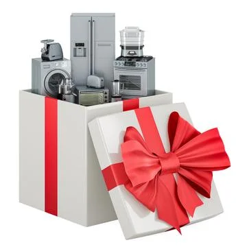 Kitchen and home appliance inside gift box, 3D rendering Stock Illustration