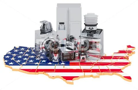Kitchen and household appliance on the map of the United States. Production, Stock Illustration