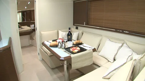 Kitchen and table on a boat Stock Footage 32213588
