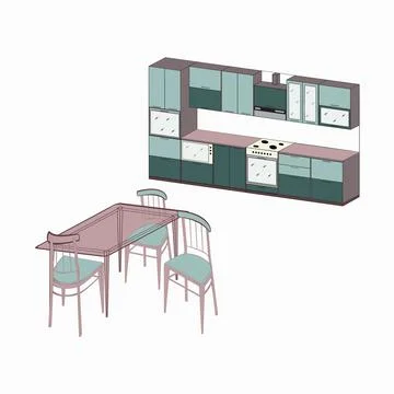 Kitchen and table colored Иллюстрация