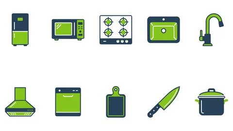 Kitchen appliance and cookware flat vector icons collection with appliance Stock Illustration