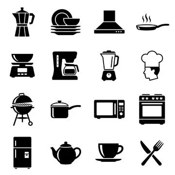 Kitchen appliance and cookware icon set featuring moka pot, coffee maker, b.. 스톡 일러스트