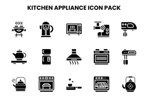 Kitchen Appliance Glyph Vector Icons Pack Stock Illustration