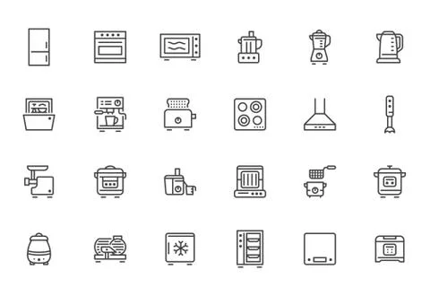 Kitchen appliance line icon set. Oven, mixer, dishwasher, food processor, combi Stock Illustration