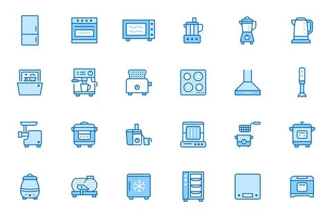 Kitchen appliance line icon set. Oven, mixer, dishwasher, food processor, combi Stock Illustration