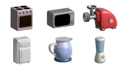 Kitchen appliances 3d icon set with microwave, fridge, blender, meat grinder, Stock Illustration