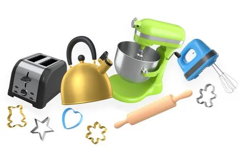 Kitchen appliances and baking tools set isolated on white background, concept of Stock Illustration