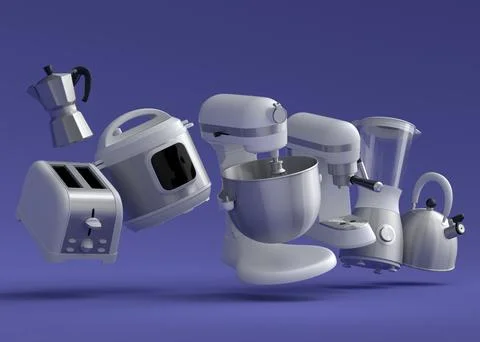 Kitchen appliances and utensils for making breakfast on violet background Stock Illustration